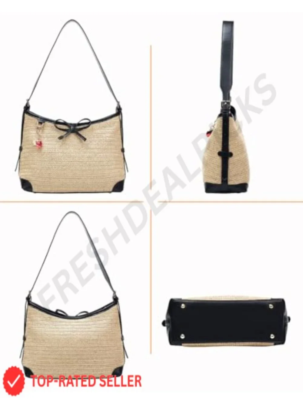 Handwoven Straw Hobo Shoulder Purse, Tote Handbag for Women - Vegan Faux PU